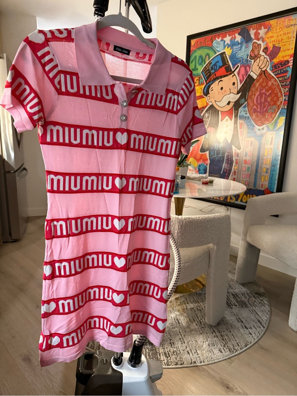 Miu Pink and Red Logo Knit Polo Dress